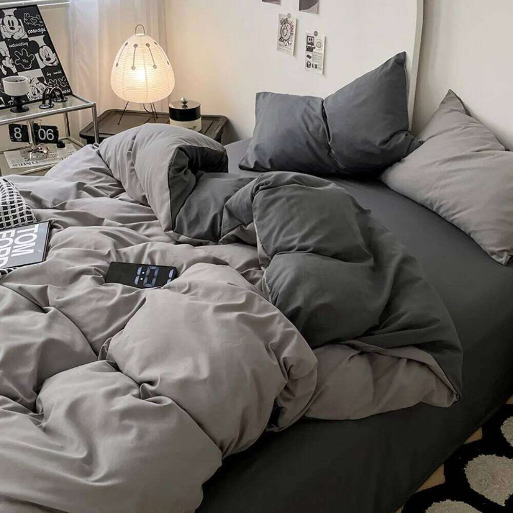 Solid Color 4 Piece Bedding Set Includes Duvet Quilt Cover Fitted Flat Sheet for Student Dormitory Single Bed H260311