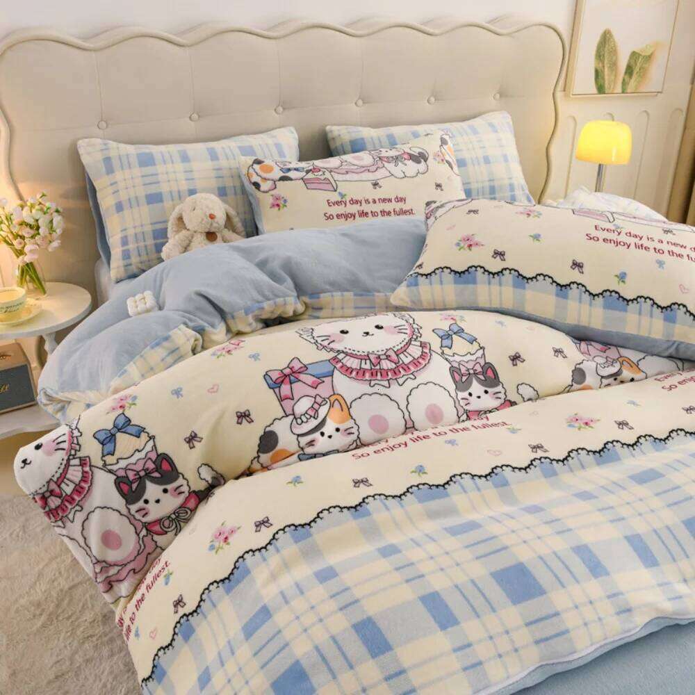 Cartoon Print Thickened Milk Velvet Four-Piece Winter Warm Soft Duvet Quilt Cover Bed Sheet Pillowcase Bedding Set H260311 - view 5
