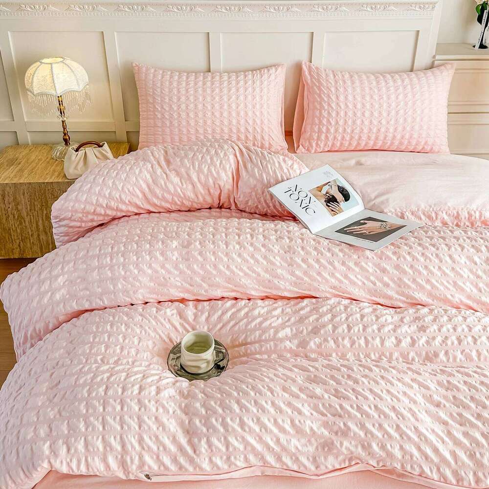 3pcs Pink seersucker Duvet 1*Duvet Cover + 2*Pillowcase, Without Core,pink Bedding Set H260311