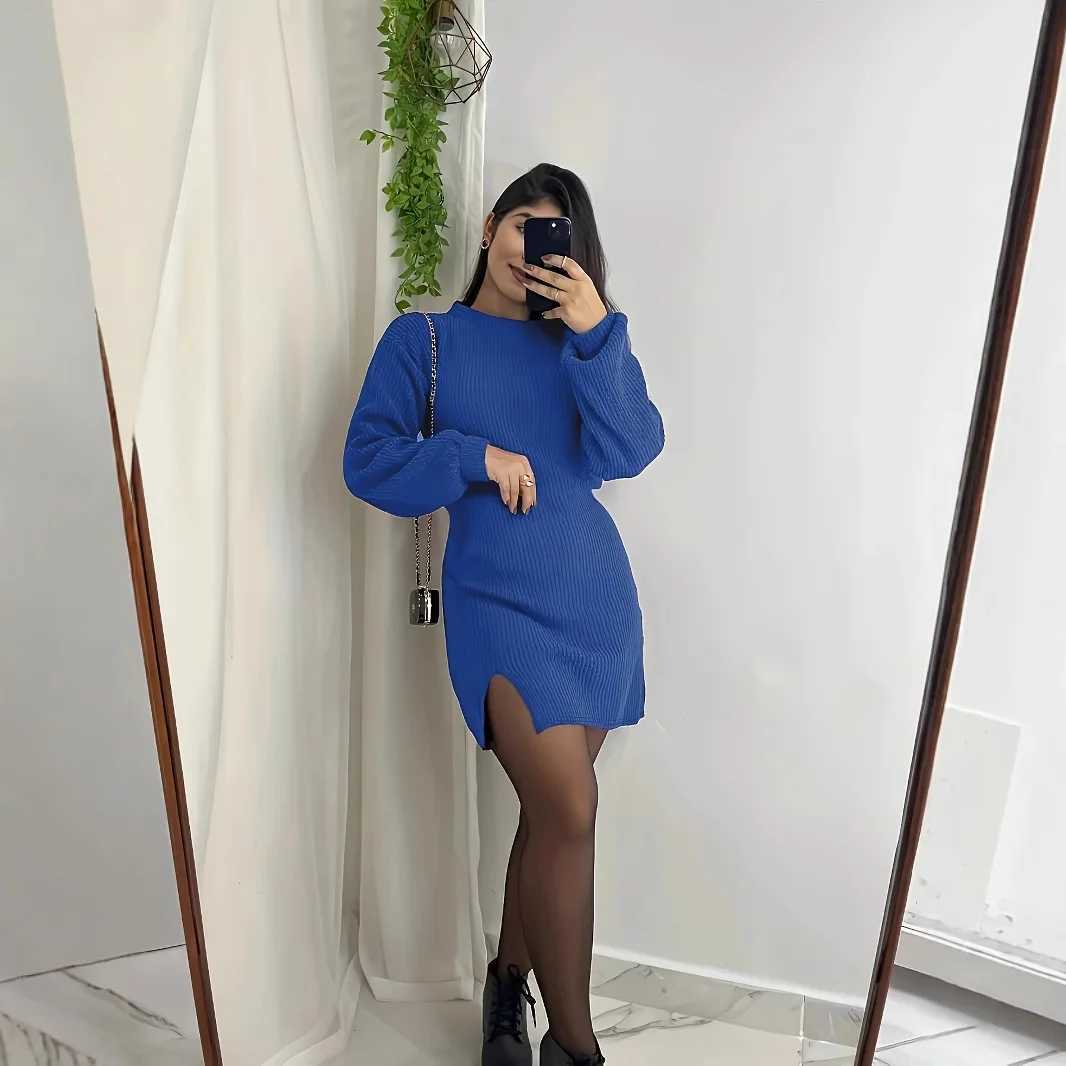 Fashion O-neck Long Sleeve Knitted Mini Dress Women Autumn Winter Casual Sweater Office Ladies Dresses For Women Robe Femme M260311