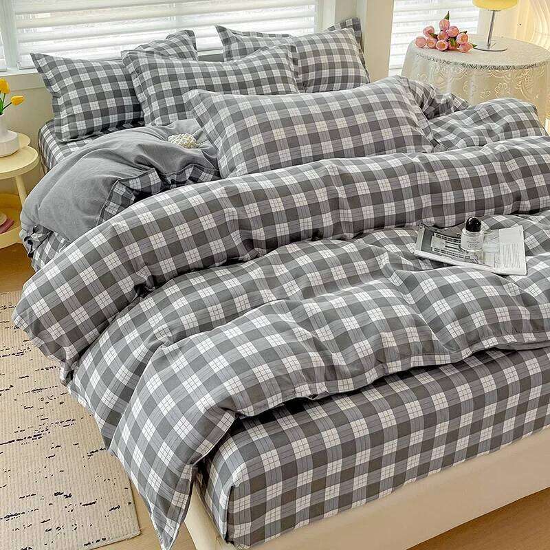 Piece, 100% Cotton Bedding 4 Piece Sheet Comforter Set, Simple Striped Check Couple Bed Quilt Set H260311