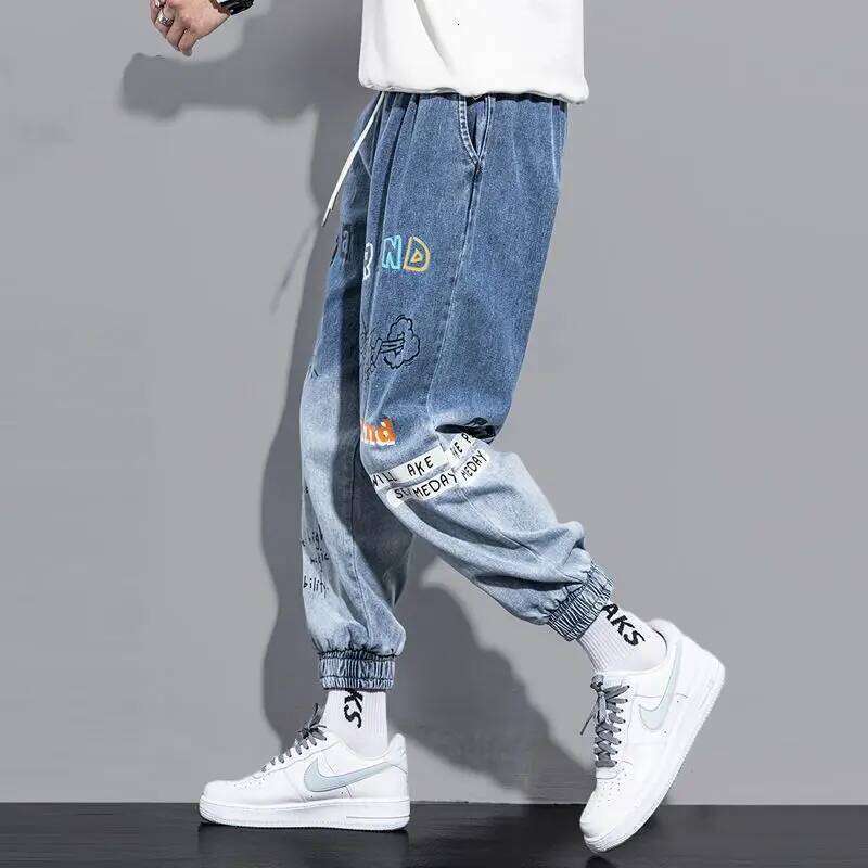 Korean Baggy Jeans Men 2024, Spray Paint Tapered with Cuffed Hem, Hip Hop Street Style Jogger Pants for College Students Z260225