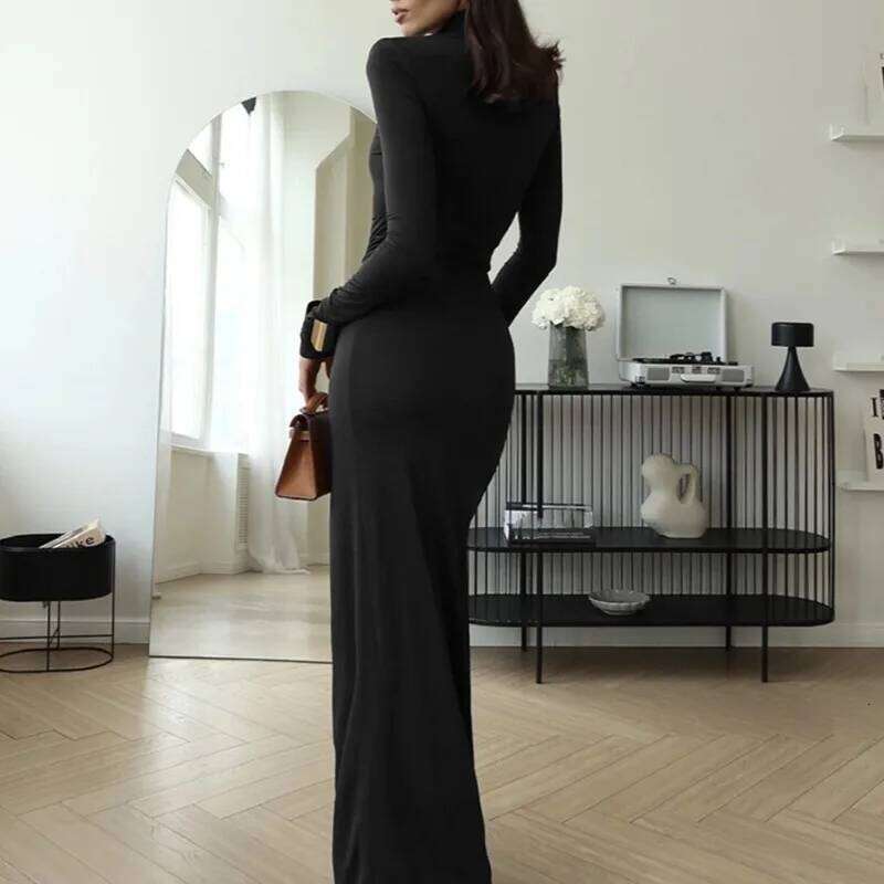 Elegant Turtleneck Solid Color Waist Cinching Women's Spring Autumn New Fashion Long Sleeved Slim Fit Evening Dress Z260311
