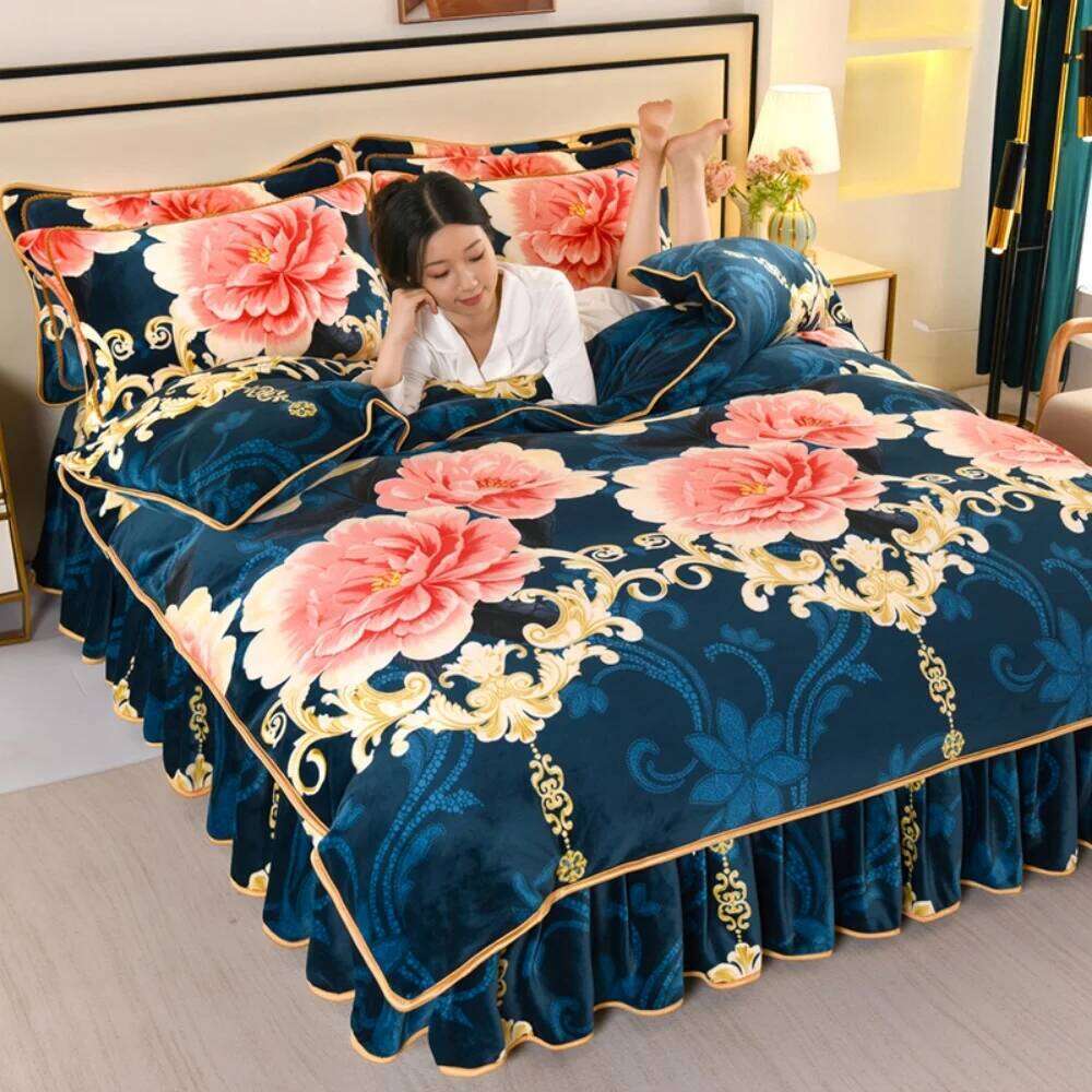 Thickened Winter Warm Coral Bedding Sets Home Double-Sided Class A Four-Piece Set Quilt Cover Sheet Milk Velvet Bed Skirt H260311 - view 6