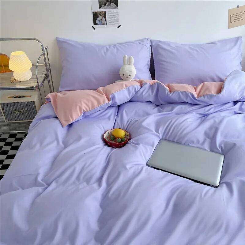 Simple Style 100% Washed Cotton Duvet Queen King 3 Pieces Solid Color Bedding Set, 1 Quilt Cover and 2 Pillowcases, Purple H260311