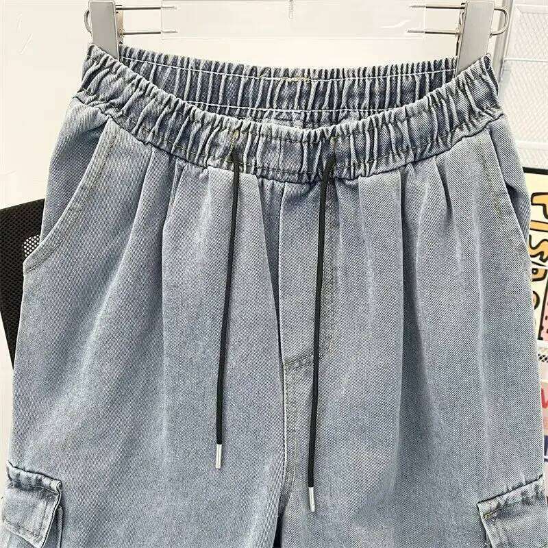 Loose Straight Long Trendy Washed Men New Elastic Waist Spring Autumn Youth Popular Fashion Jeans Big Pocket Cargo Pants Z260225