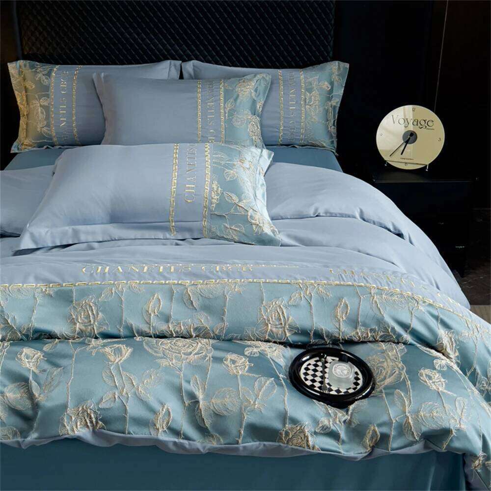 Embroidery Bedding Satin Jacquard Soft Comforter Four Piece Bed Linen Pillowcase Duvet Cover Set Queen King Home Textile H260311