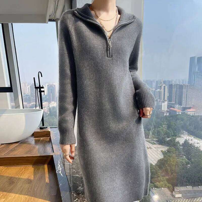 Fall/winter 100% Wool Dress Women's Long Semi-zipper Long-sleeved Knitted Cashmere Bottoming Sweater Skirt Z260311