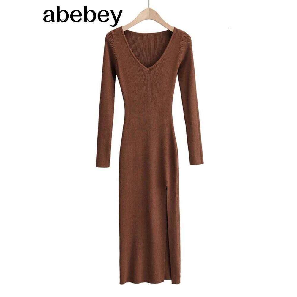 2026 New Basic Fashion Women Elastic Solid Elegant V Neck Sweater Sleeve Ladies Side Open Midi Long Dress Z260311