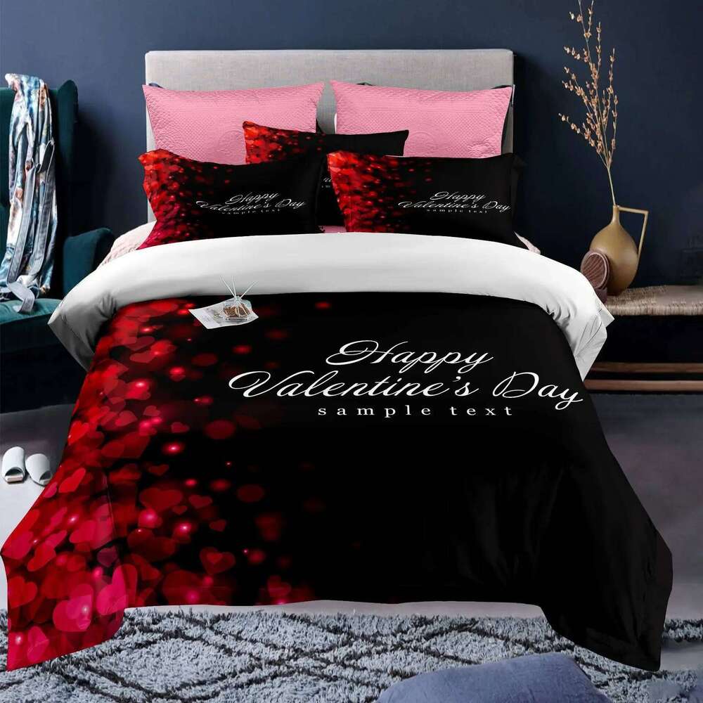 Valentine's Day Duvet Red Rose I Love You Pattern King Size Couple Polyester Bedding Set Happy Romantic Quilt Cover H260311