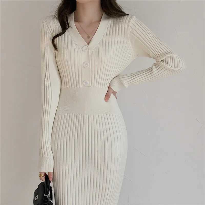 Autumn Winter Womens Dress Button V-Neck Knitted Party Long Sleeve White Long Dress Bodycon Casual Elegant Ladies Dresses M260311