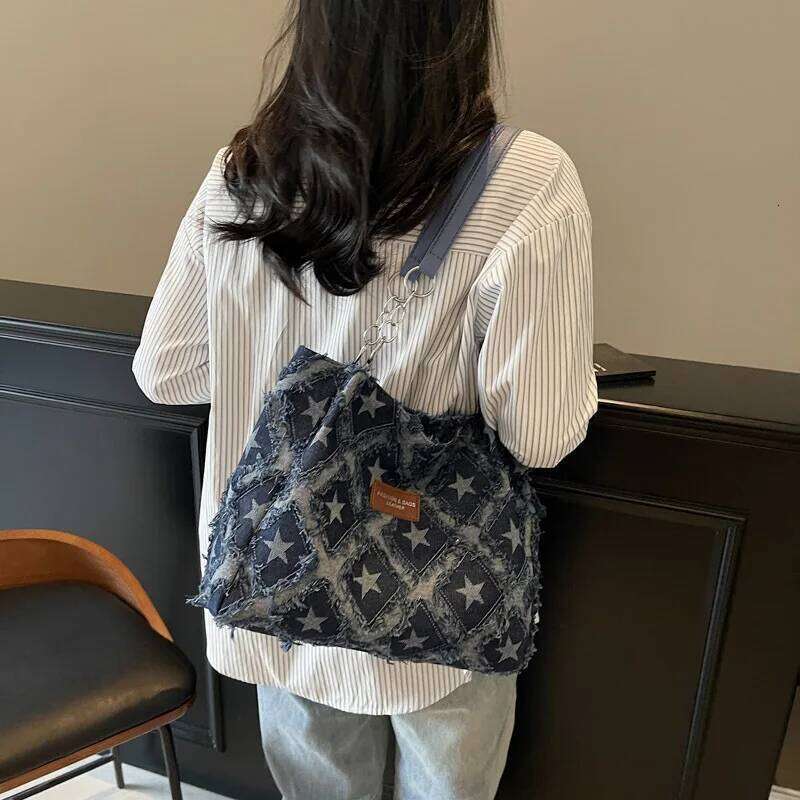 Vintage Plaid Tassel Design Denim Shoulder Bags for Women Large Capacity Ladies Casual Tote Bag Versatile Star Female Handbags XJ260311