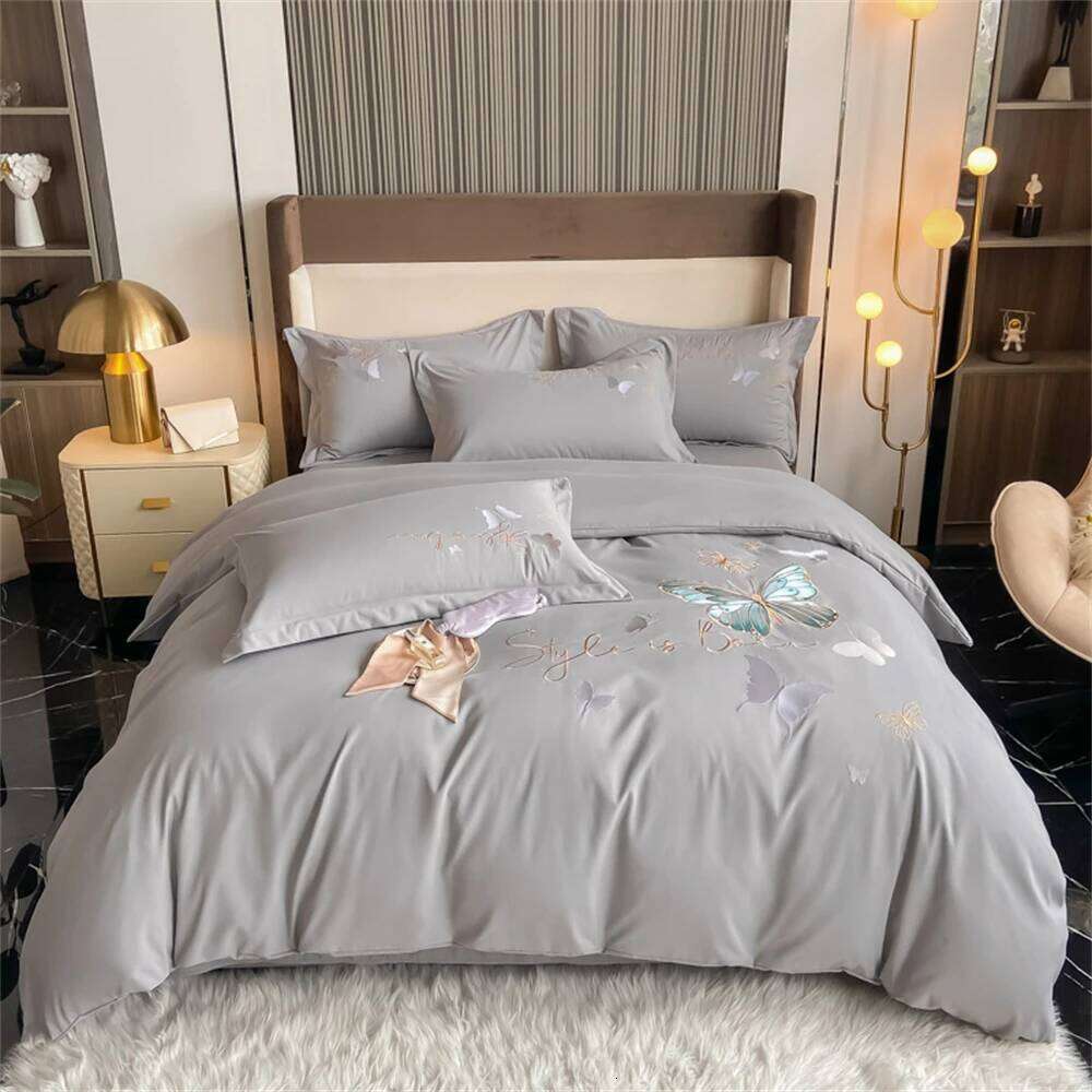 Butterfly Embroidery Four-Piece Sets Single Double Bedding Soft Duvet Cover Set Bed Sheet Pillowcases Bedroom Decor H260311