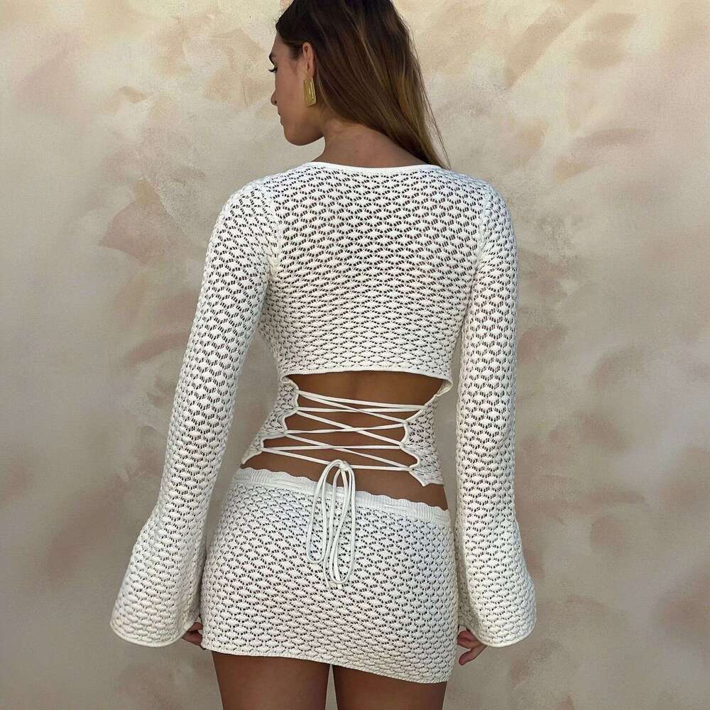 Sexy Knitted Hollow Cover-Up Beach Dress Bikini Swimsuit Sun Protection Set Women Designer