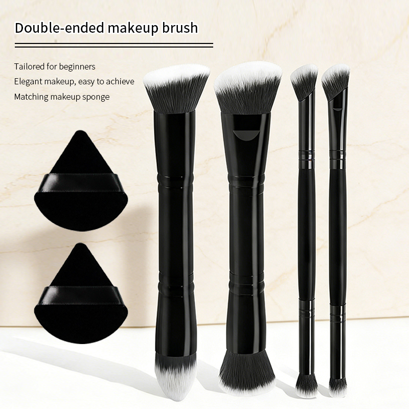 6Pcs Double-ended Multifunctional Makeup Brush & Puff Set, Black & Silver Premium Synthetic Bristles, Solid Wood Handle, Portable Dual-sided Brush, Al