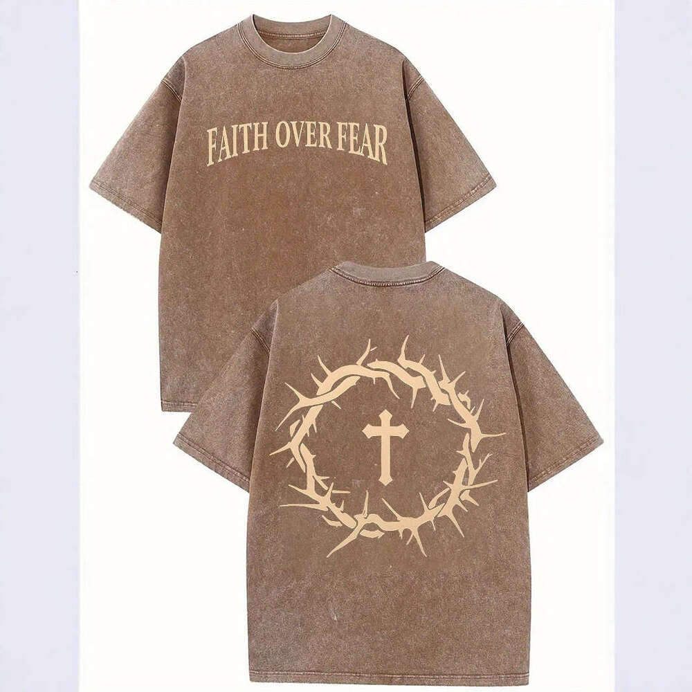Washed Vintage Cotton T-Shirt Crown of Thorns &Cross Print Faith Over Fear Slogan Trendy Men's American Street Over sized Short Sleeve