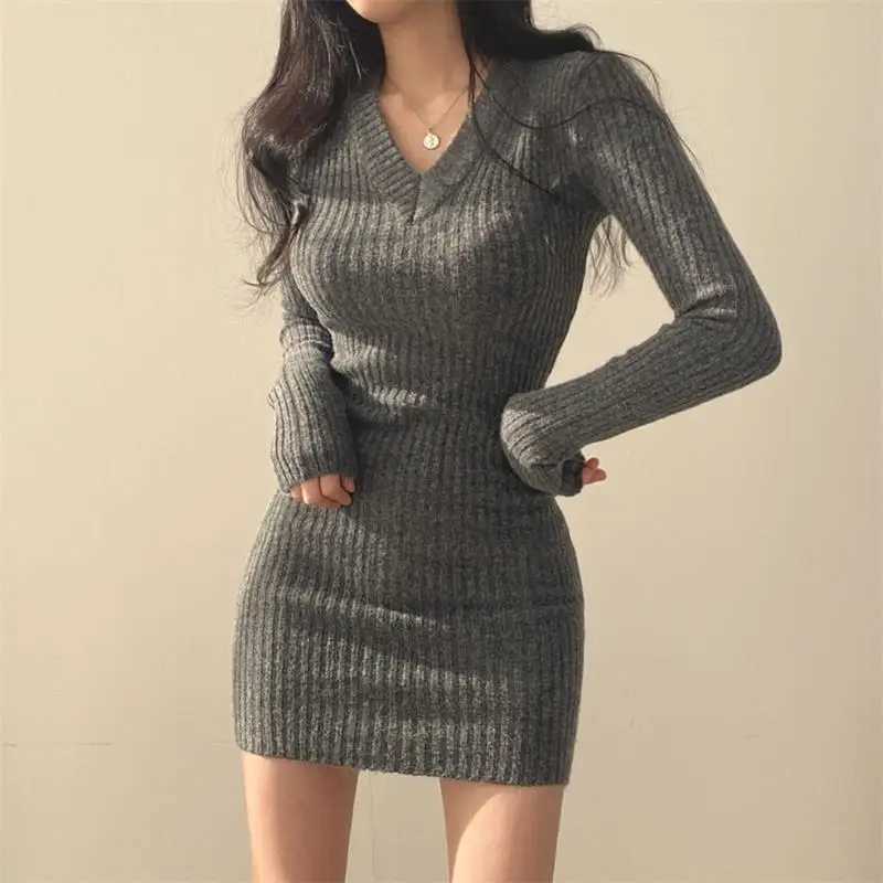 Fashion Korean Elegant Long Sleeve V-neck Dress Womens Autumn and Winter Sexy Spicy Girl Slim Mini Dresses Bodycon M260311