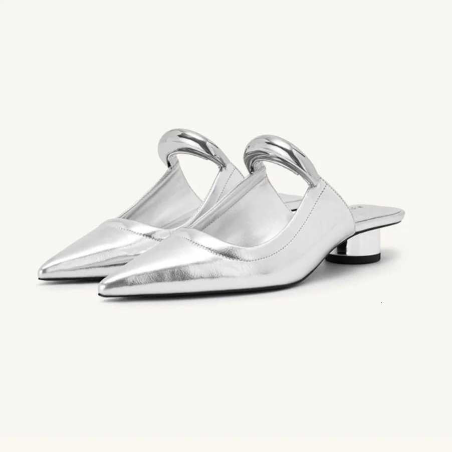 2024 Womens new pointed toe thick heel leather slippers metal toe sandals banquet slippers K260311