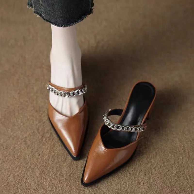 Summer New Baotou Sandals Pointed Toe Shallow Mouth Metal Chain One Slip Strap Anti-slip Outer Wear Square Heel High Heels K260311