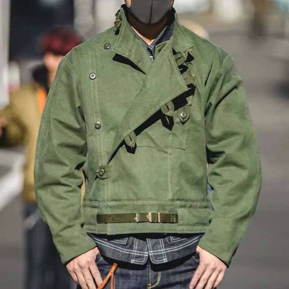 Autumn Winter Maden Army Green Retro Bomber Jackets Misplaced Oblique Pocket Button Buckle Swedish Motorcycle Cotton Coat 26H0311