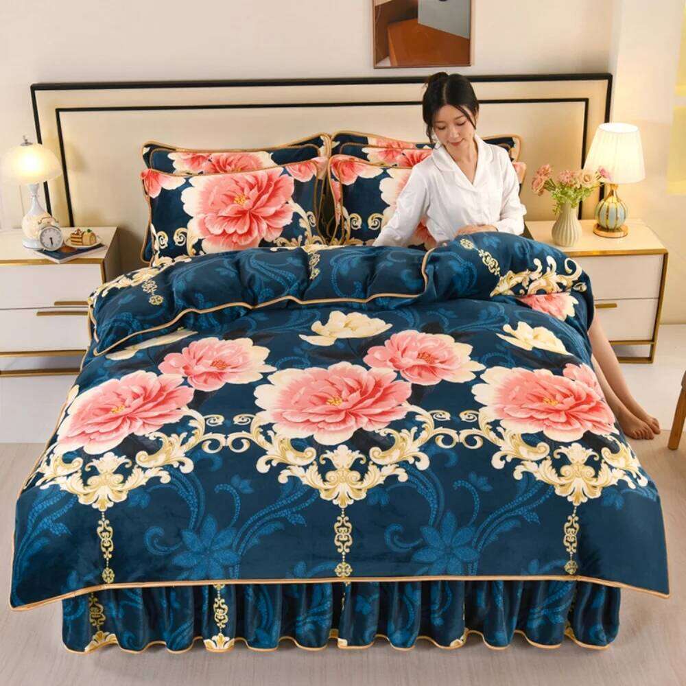 Thickened Winter Warm Coral Bedding Sets Home Double-Sided Class A Four-Piece Set Quilt Cover Sheet Milk Velvet Bed Skirt H260311