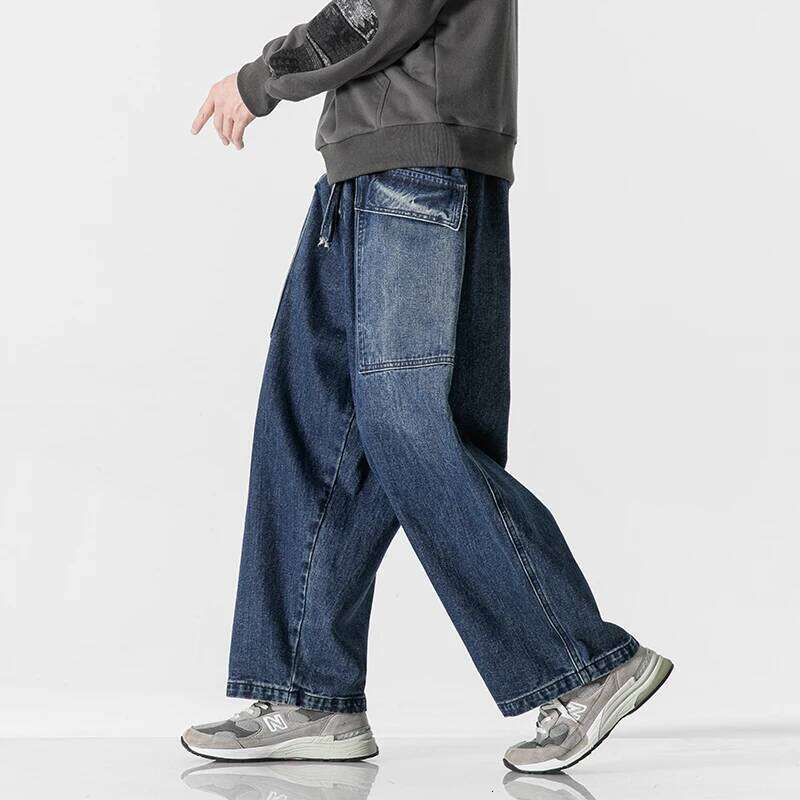 2023 Straight Denim Men Blue Loose Trousers Male Causal Oversize Wide Leg Pants Elastic Waist Black Jeans Z260225