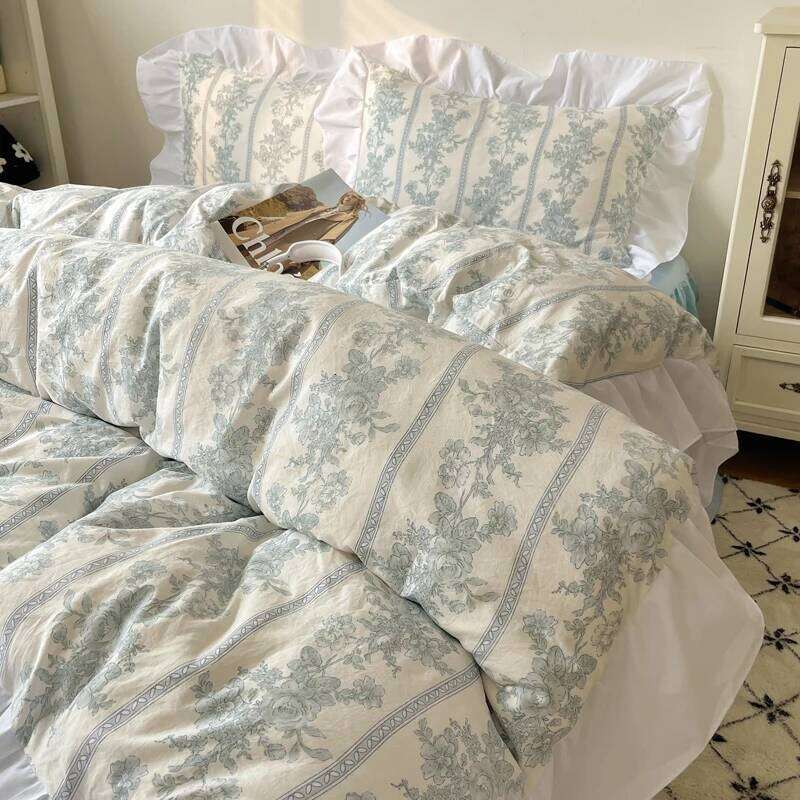 Korean Style Princess Floral Washed Cotton Bedding Vintage French Pastoral Flowers Lace ruffles Duvet Cover Set Pillowcase H260311