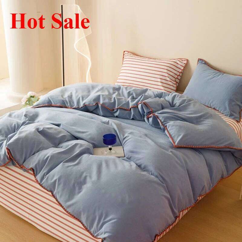 Hot Sale Stripe Collision Shell Embroidery Student Dormitory Solid Color Four Piece Set H260311