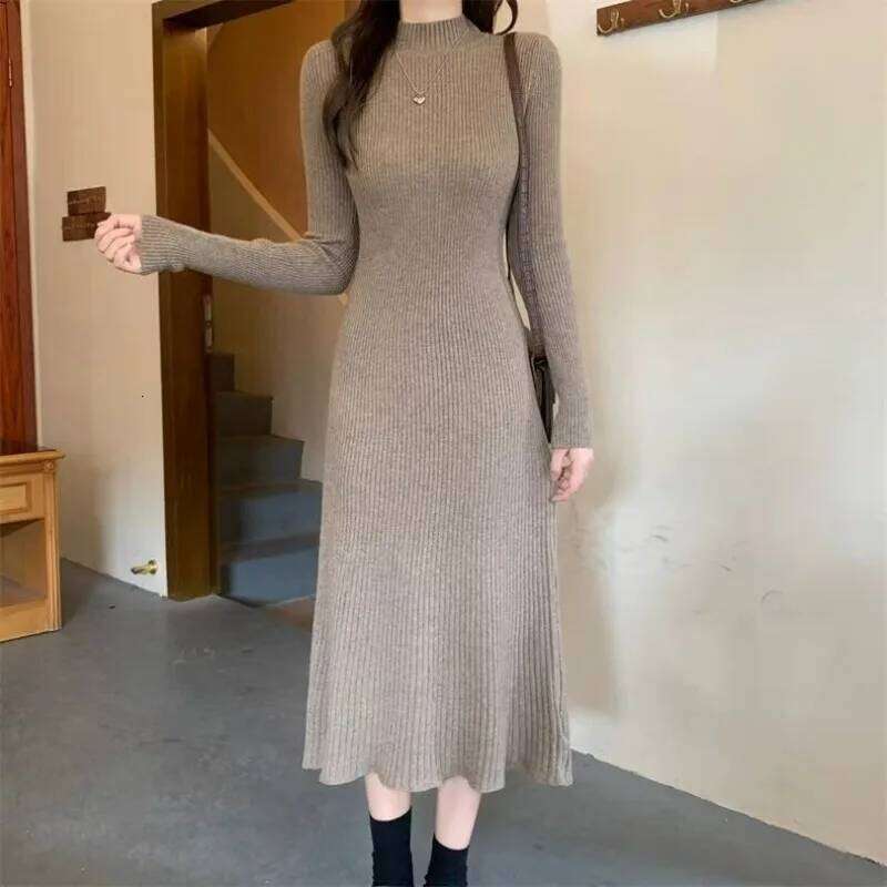 Autumn Winter Thickened Bottoming Knitted Dress Slimming Above the Knee Matching Coat Half-turtleneck Sweater Skirt Z260311