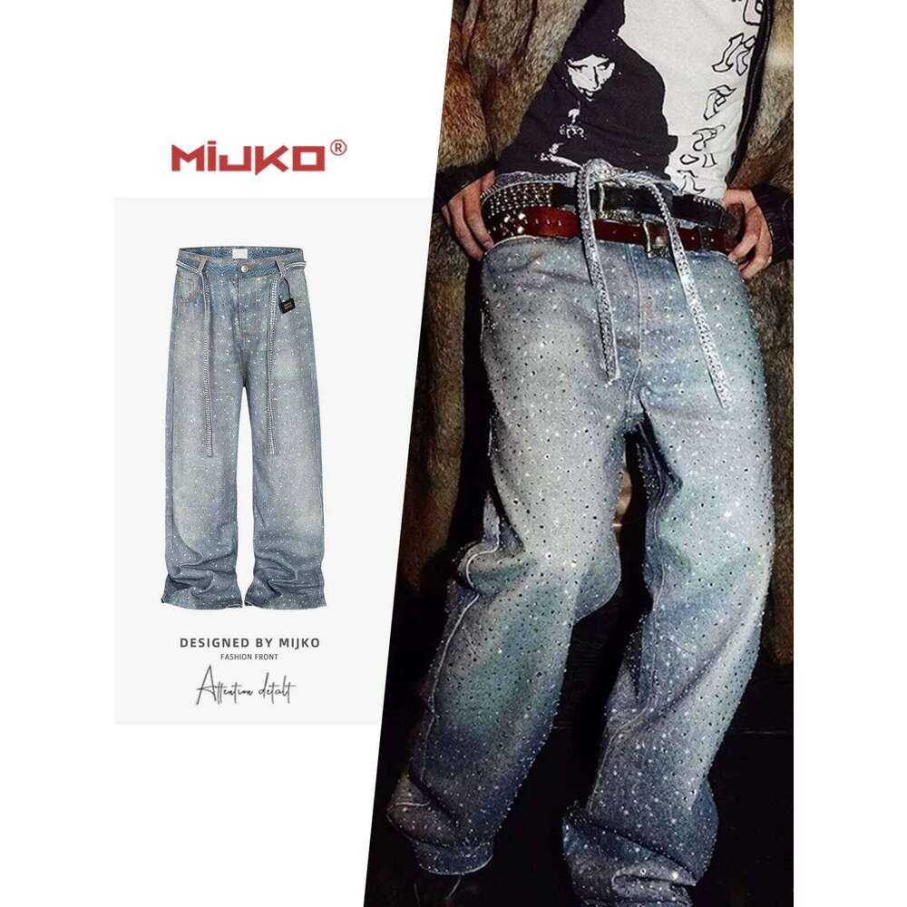 MIJKO Diamonds Denim Straight Jeans Men Women Belts Zipper Wide Leg Fashion Street Trousers 2025 Party Washed Pants ZJ074 Z260225