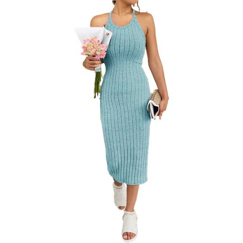 Solid Halter NeCK Bodycon Midi Dress temperament vEST halter dress womens summer new high-waist slim temperament slim M260311