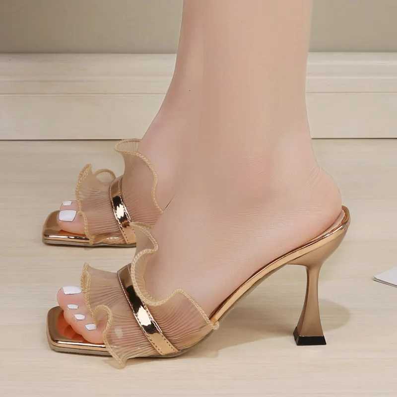 2025 new small and slender style cool slippers for women with exposed toes wearing lace mesh high heels and slippers for summer K260311