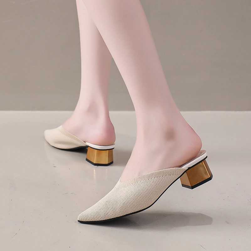 2025Summer Womens Knitted Slider Mule New Elegant Mesh Breathable Shoe Slipper Closed Toe Slider Shoes Splice Solid Color K260311