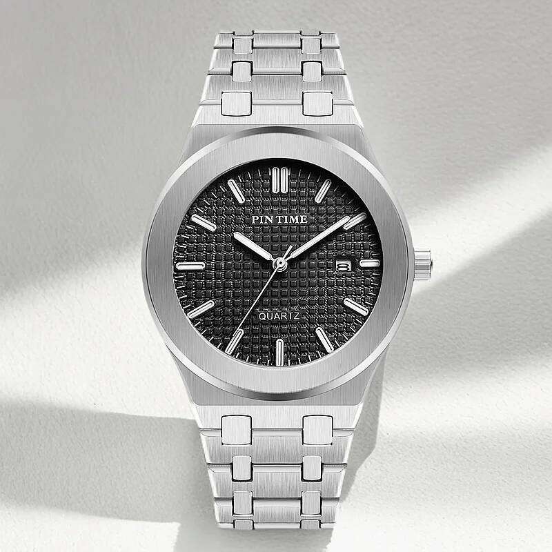 PINTIME Classic Men's Quartz Watch Elegant Simple Design Waterproof Stainless Steel Strap Couple Leisure Business Wristwatch
