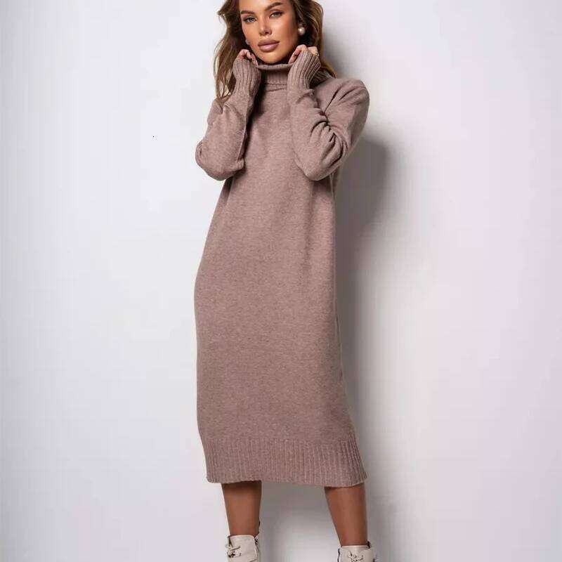 Ribbed Turtleneck Knitted Women Autumn Winter Basic Sleeve Sweater Dress Woman Solid Color Long Dresses Female Z260311