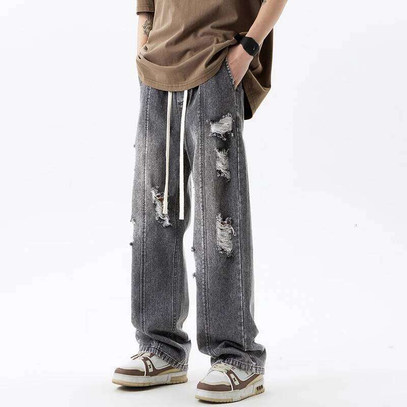 Harajuku Ripped Jeans Men's Streetwear Loose Straight Vintage Y2k Pants Drawstring Casual Hole Personality Denim Trousers Z260225