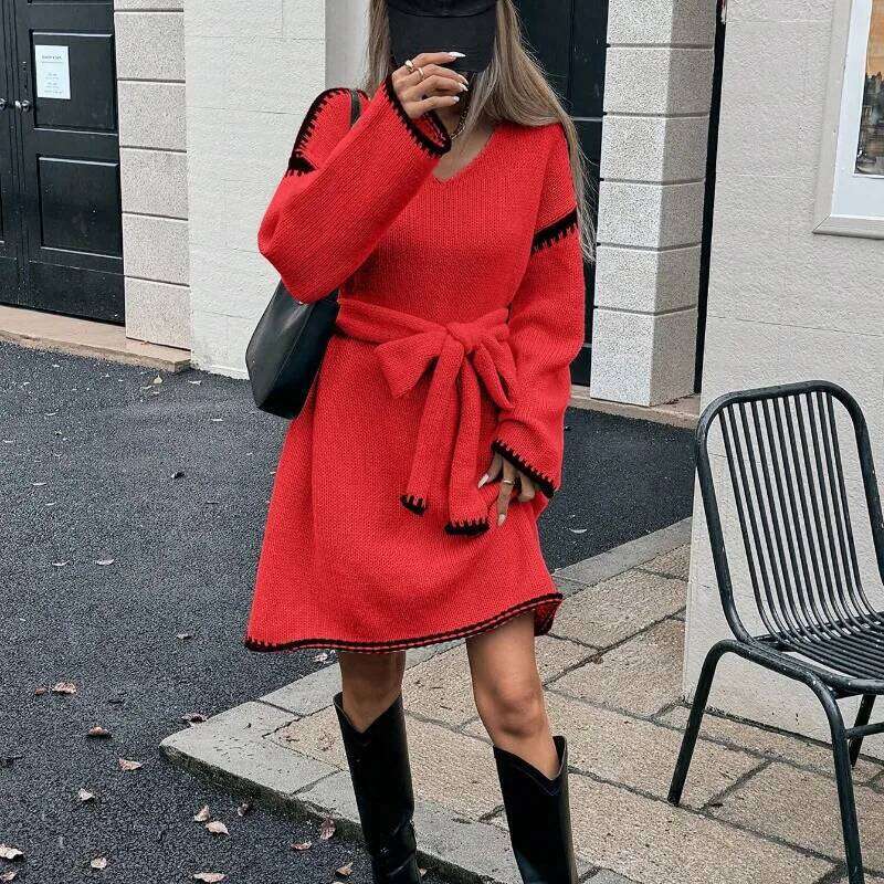Fashion V-neck Long Sleeve Knitted Pullovers Sweaters Dress Women Elegant Belt Loose Outwear 2025 Autumn Winter Streetwear Z260311