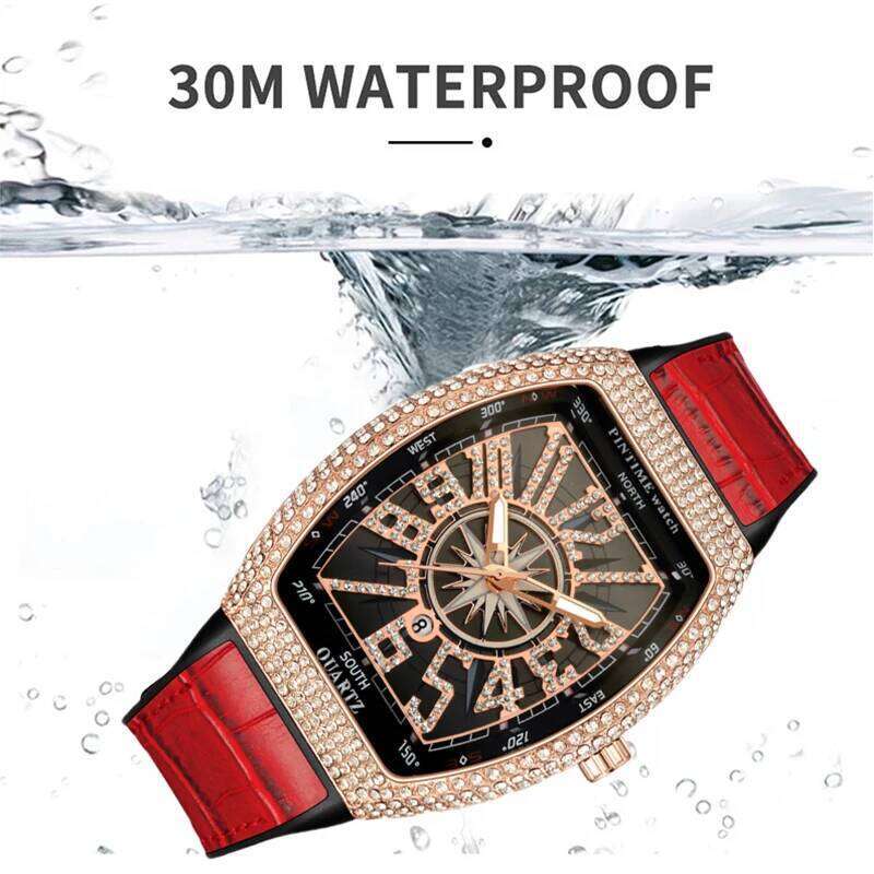 PINTIME Men's Watches Luxury Tonneau Type Metal Shinning CZ Case Rubber Strap Fashion Quartz Wristwatch Male Clock Relogio Gifts