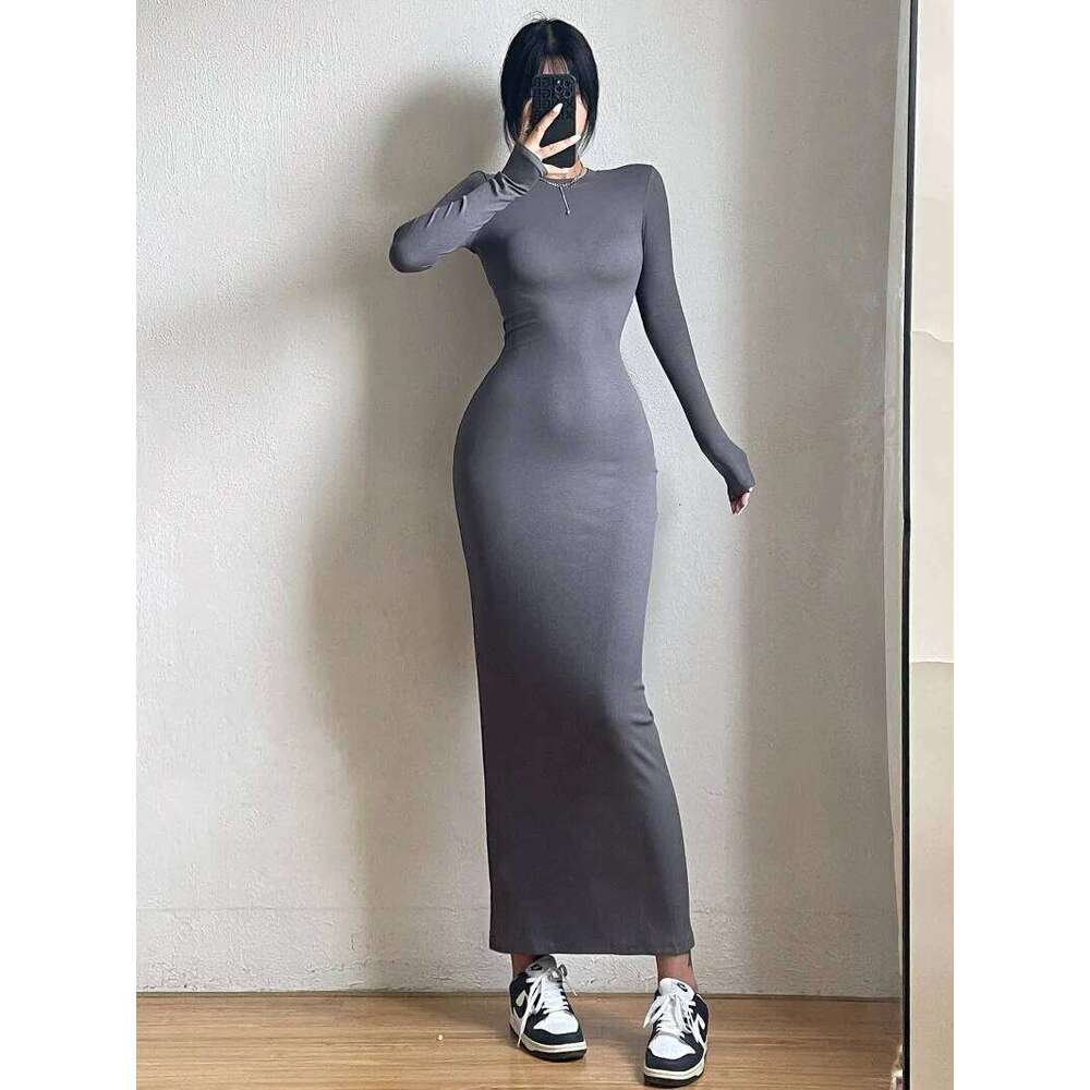 WOMENGAGA Simple Dress Round Neck Long Sleeve Tight Slim Maxi Dresses Elegant Fashion Korean Women Robe DEH8 Z260311