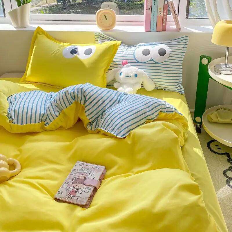 Cute Korean Style Duvet Cover Set No Filler Green Pink Mix Color Flat Sheet Pillowcases Polyester Twin Queen Size Bed Linens H260311 - view 6