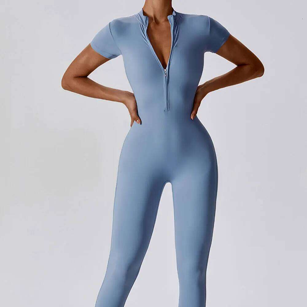 Yoga Set Women's Jumpsuits One-Piece Suit Zipper Short Sleeve Gym Push Up Workout Clothes Fitness Bodysuit Sportswear Tracksuit 26H0311