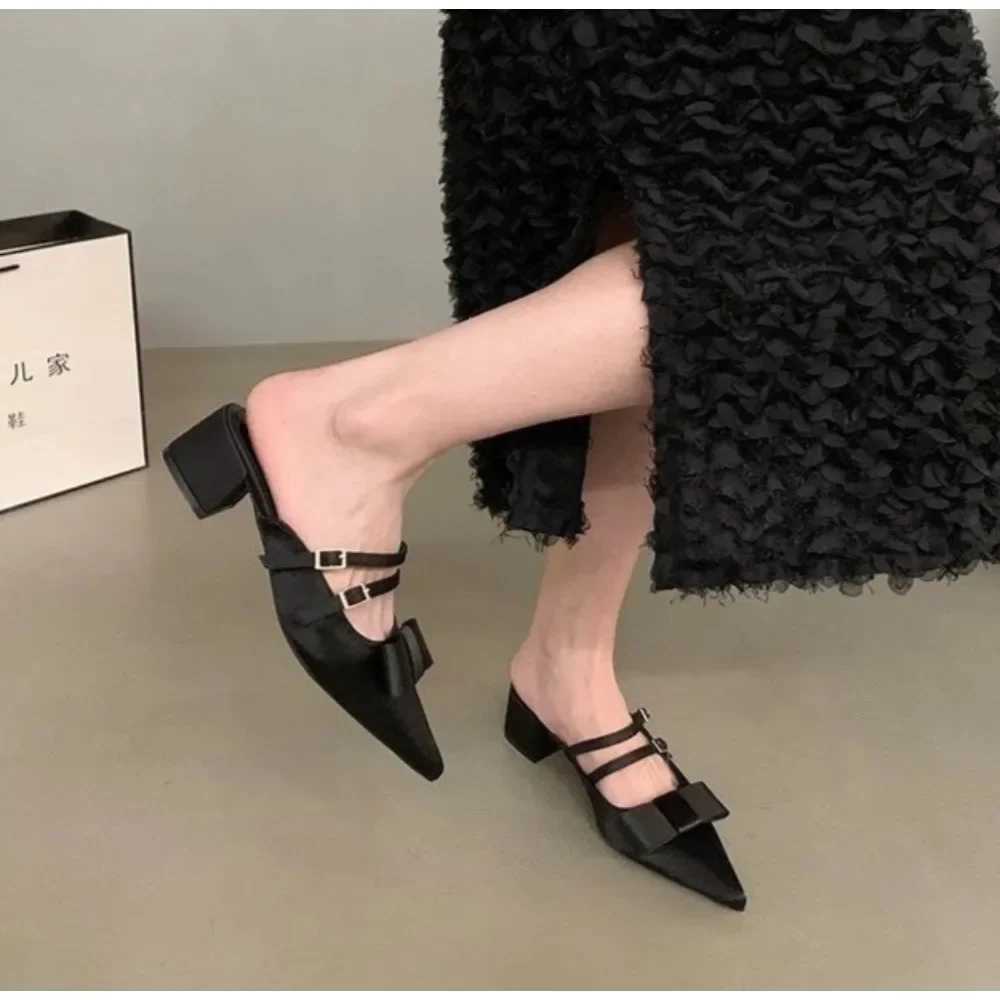 New Silk Bowknot Pointed Toe Women Sweet Elegant Mid Heel Slingbacks Shoes Female Slides Fashion Designer Sandals K260311