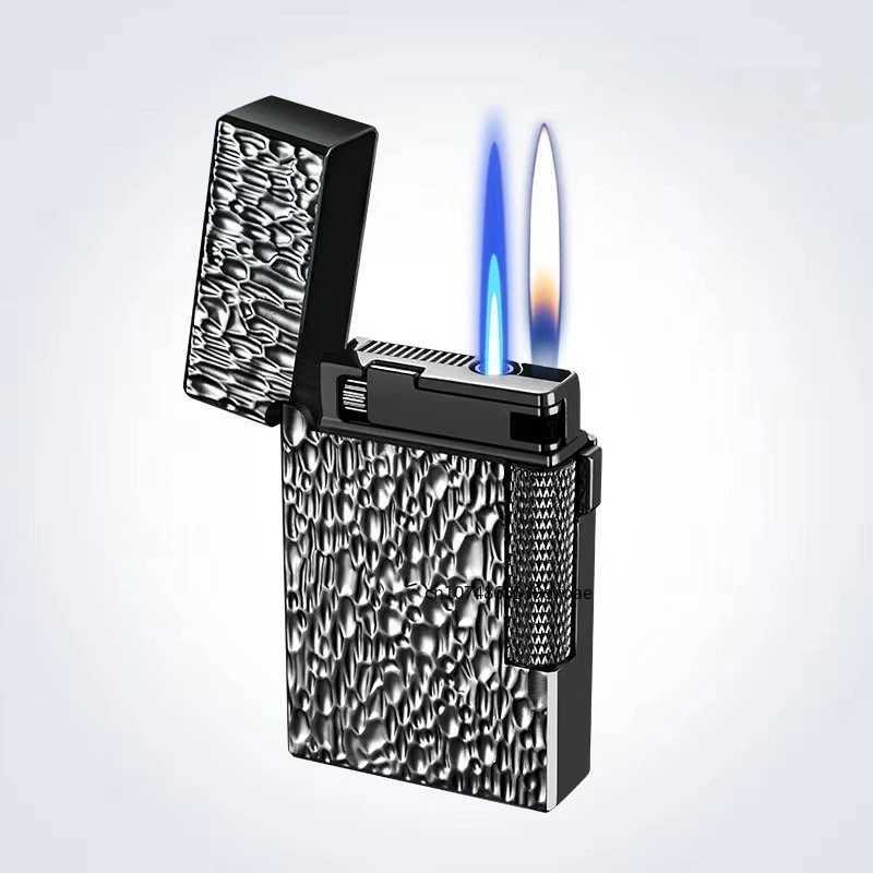 Dual Flame Switch Butane Gas Lighter Exquisite Volcanic Crater Texture Metal Side Slide Ignition High-end Gift for Men N260311
