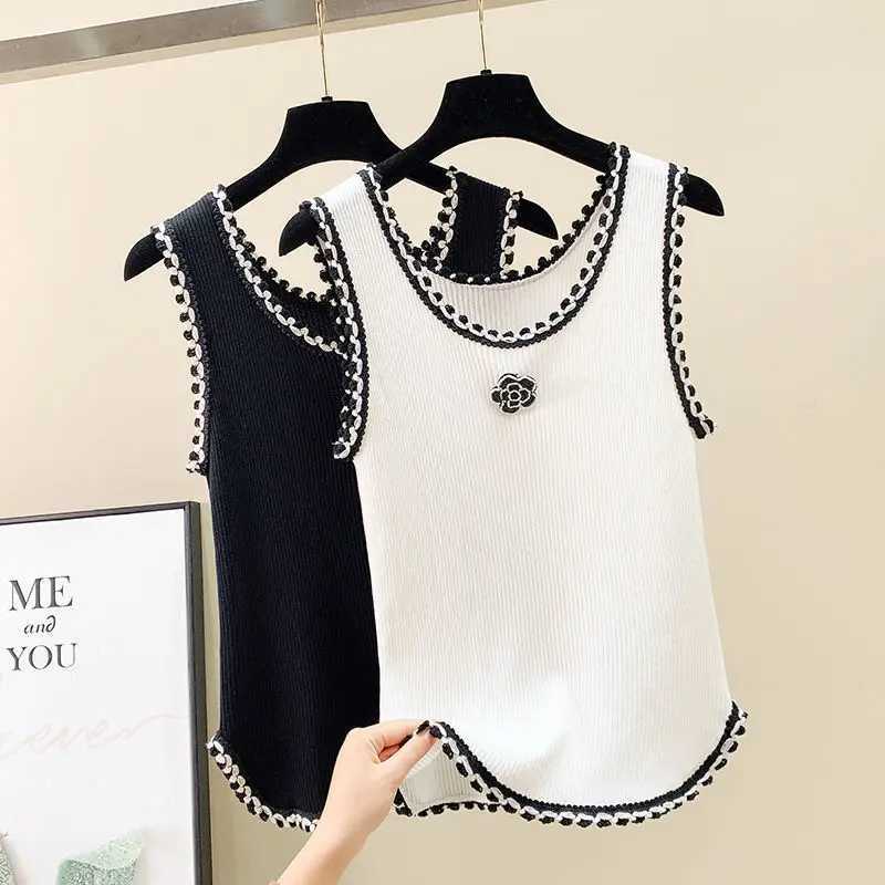 Sleeveless Vest Women's Summer Printed Spliced Round Neck Loose Embroidery Casual Camisole TopsT260311