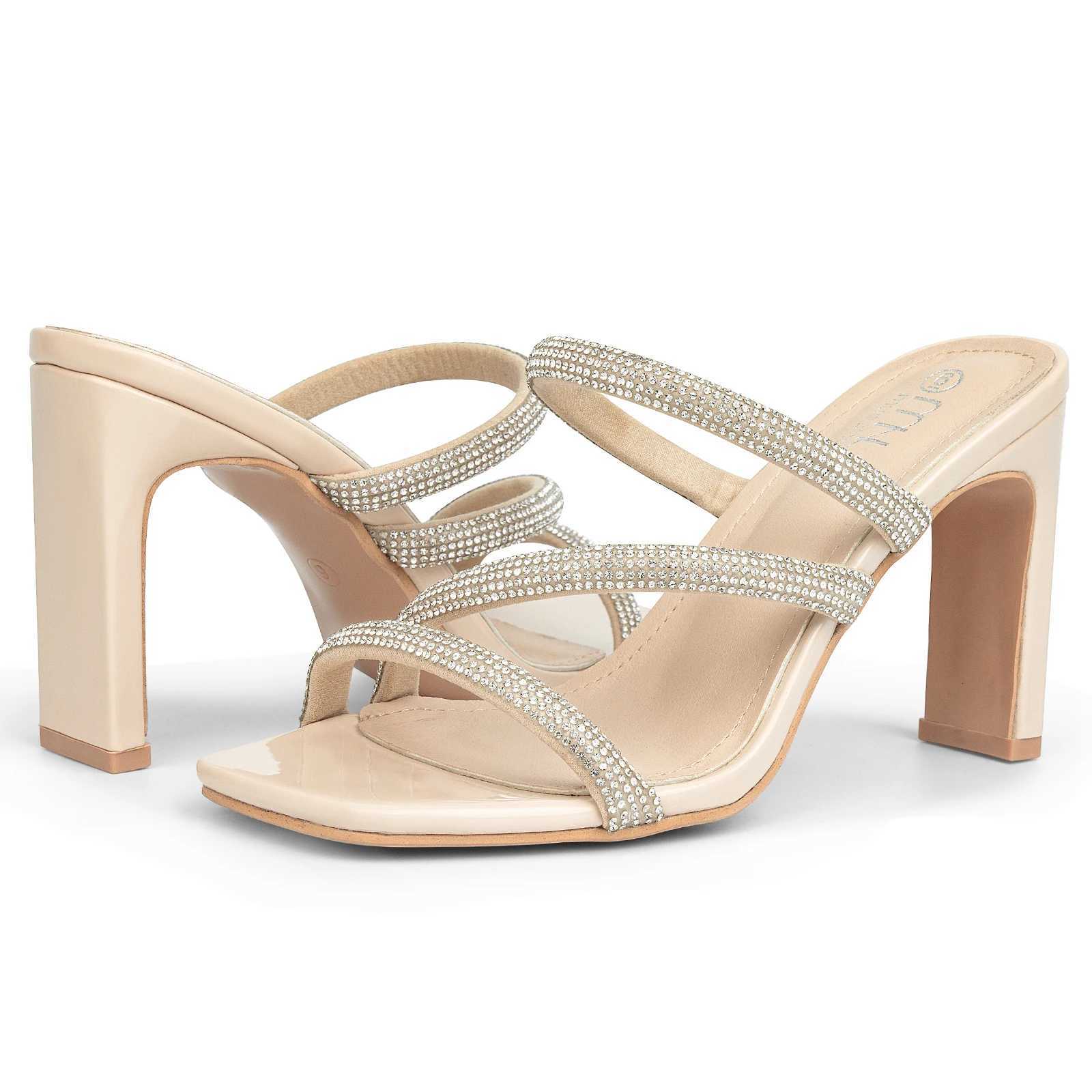 Womens Sparkling Square-Toe High-Heel Sandals Chunky Heel Mules Womens Shoes for Spring Summer and Fall K260311
