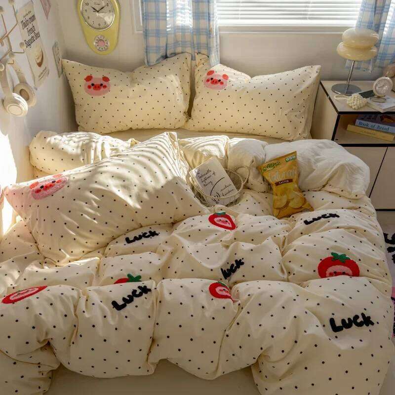2025 new student cartoon washed cotton towel embroidered three or four-piece set bed sheet quilt cover mattress bedding H260311