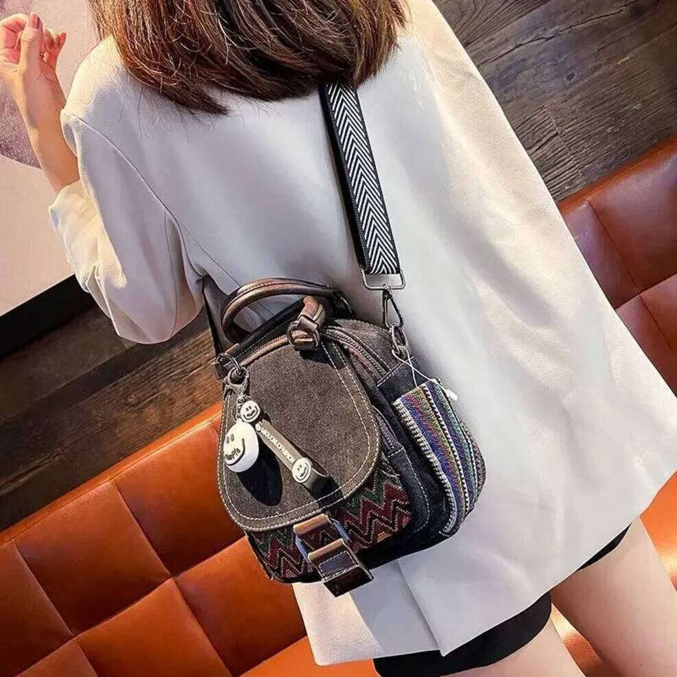 OLOEY Denim Small Backpack New Contrast Color Women Bag Retro Ethnic Style Embroidered Multifunctional Bagpack Crossbody Bolsa