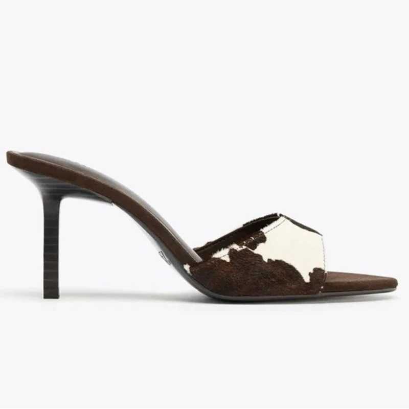 Aneikeh Summer Fashion Design Animal Print Leather Pointed Toe Thin Heels Women Female Mules Sandals Slide Shoes K260311