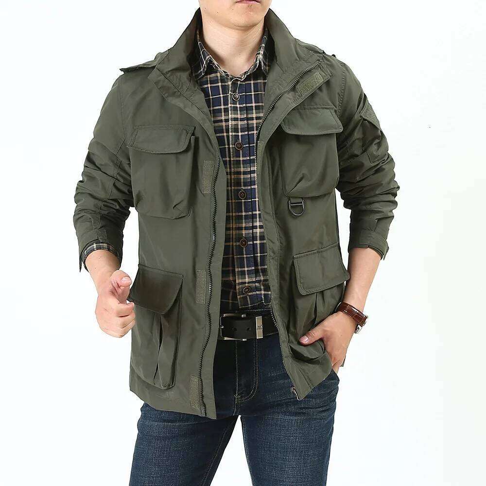 Men's Detachable Hat Windbreaker Jacket Spring Autumn Windproof Waterproof Multi-Pocket Outdoor Fashionable Workwear 26H0311