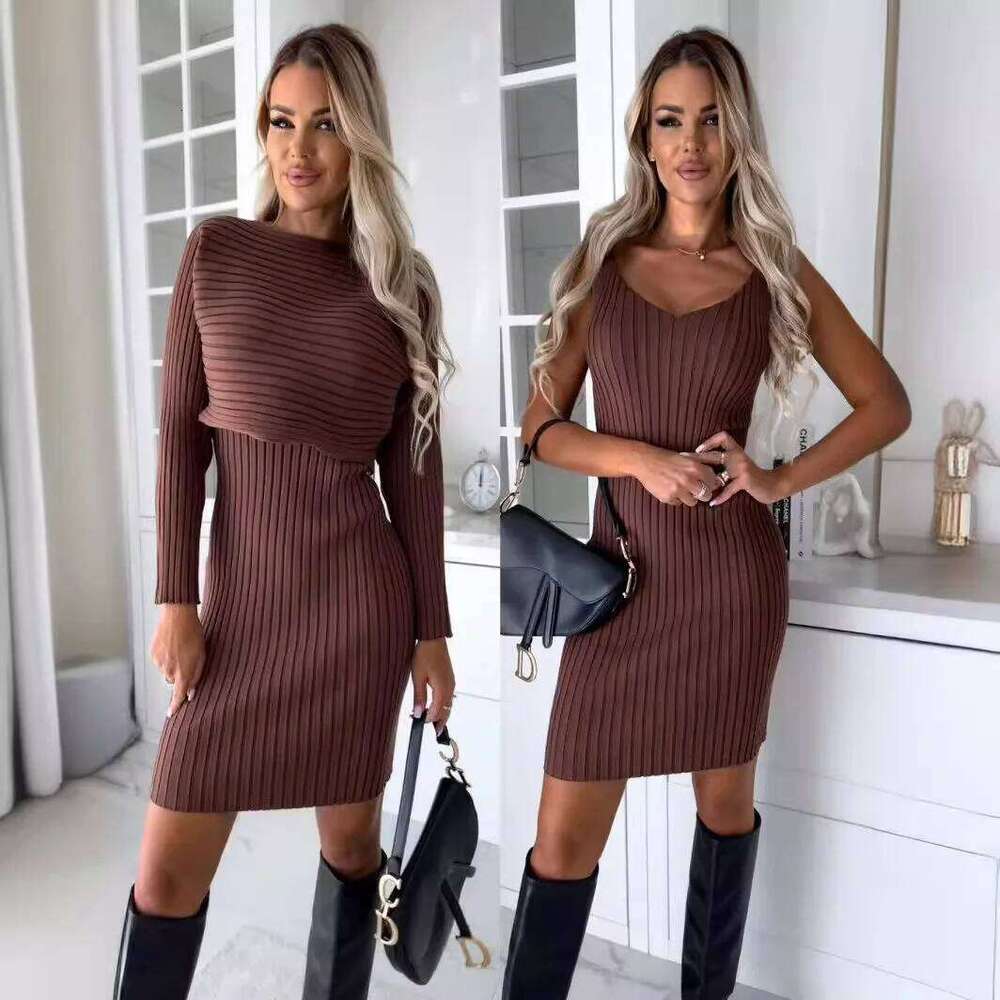 For Woman 2023 Winter Fashion Slim Fit Sexy Solid Two Piece Mid Length Women Elegant Knitted Pit Stripe Dress Vestido Z260311
